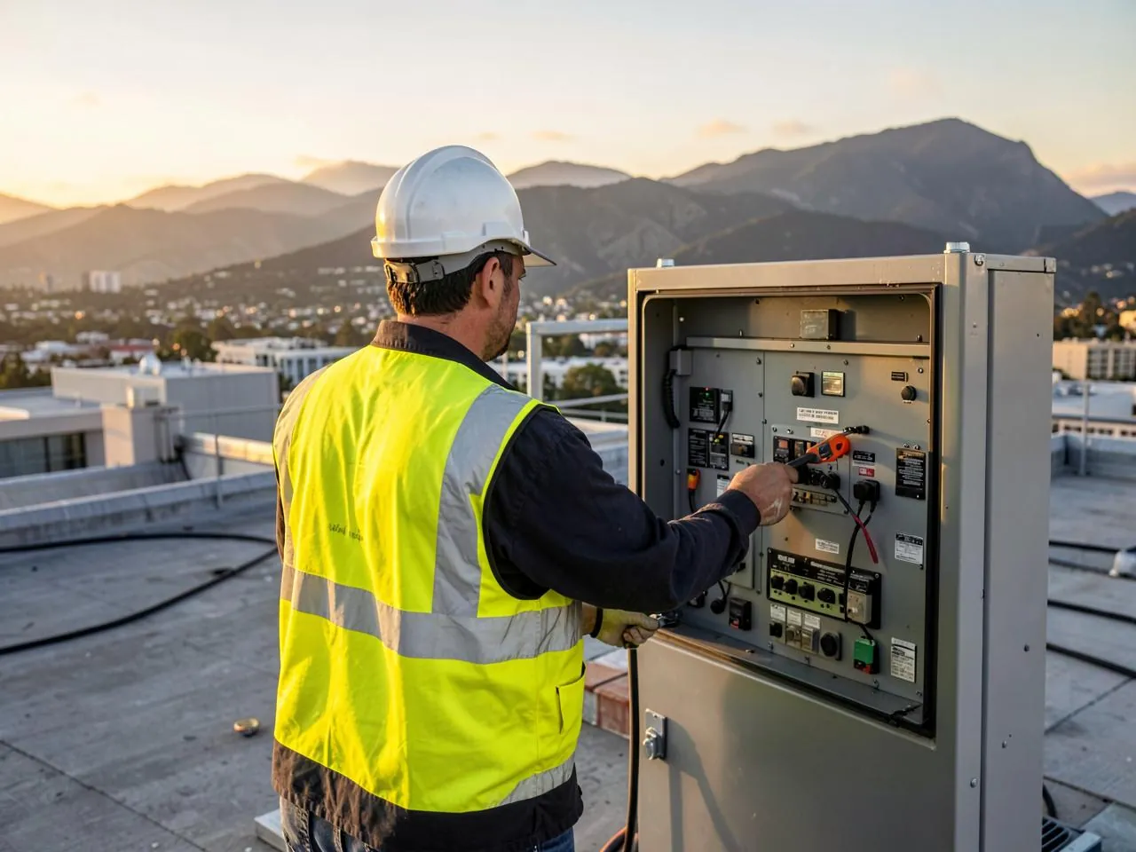 Technician servicing commercial HVAC equipment on a rooftop